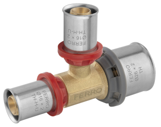 Lisovací AL/PEX redukovaný T-kus 16x20x16mm pro trubku 16x2 a 20x2mm